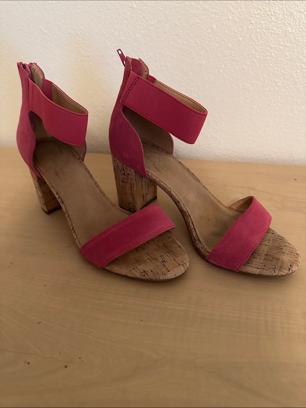 AEROSOLES Pink Suede Cork Block Heel Sandals